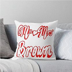 Mr and Mrs Brown Personalised for wedding anniversary newly wed Valentine's Day wife husband couple Romantic White cursive text on red background with love heart Throw Pillow