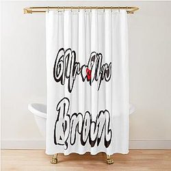 Mr and Mrs Brown Personalised shower curtain with love heart design for wedding anniversary husband and wife couple. Romantic white cursive text on black background.