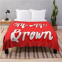 Mr. & Mrs. Brown Personalised Throw Blanket for the newly wed couple, Romantic White cursive text on red background with love heart.