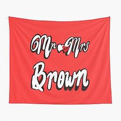 Mr and Mrs Brown Personalised Tapestry for wedding anniversary newly wed with love heart on black background with white cursive text