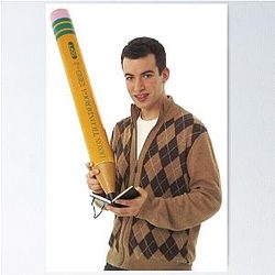 Nathan Fielder holding a giant pencil poster
