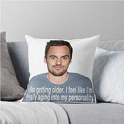 Nick Miller likes getting older throw pillow