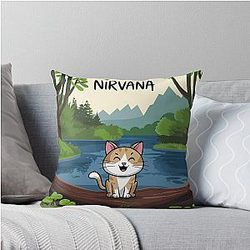 Nirvana and cute cat artwork Throw Pillow