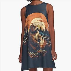 Vintage Oregon Beaver Illustration Nature Art from the PNW A Line Dress