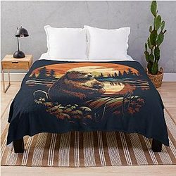 Vintage Oregon Beaver Illustration Nature Art from PNW Throw Blanket