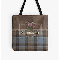 Outlander Sassenach Leather and Tartan with Thistles Tote Bag