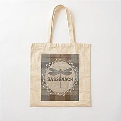 Outlander Fraser Tartan Kilt Sassenach Dragonfly and Thistle Cotton Tote Bag
