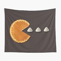 Retro 80s Pac-Man Arcade Game Inspired Pumpkin Pie Eating Whipped Cream Ghost Tapestry