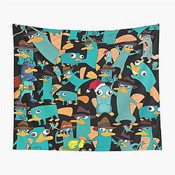 Perry the Platypus Phineas Ferb Collage Pattern Design Black Background Tapestry