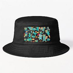 Perry the Platypus Phineas and Ferb Collage Pattern Design Black Background Bucket Hat