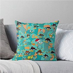 Perry the Platypus Phineas Ferb Collage Pattern Design Aquamarine Background Throw Pillow