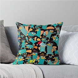 Perry the Platypus Phineas Ferb Collage Pattern Design Black Background Throw Pillow