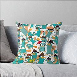 Perry the Platypus Phineas Ferb Collage Pattern Design White Background Throw Pillow