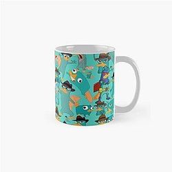 Perry the Platypus Phineas and Ferb Collage Pattern Design Aquamarine Background Classic Mug