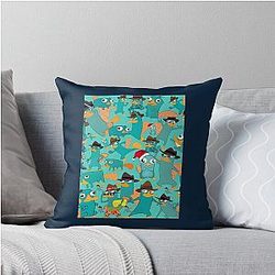 Perry the Platypus and Ferb Collage Pattern Design Aquamarine Background Graphic Throw Pillow