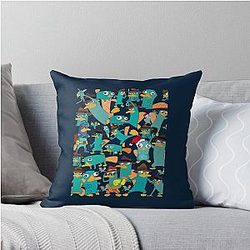 Perry the Platypus Phineas Ferb Collage Pattern Design - Black Background Throw Pillow