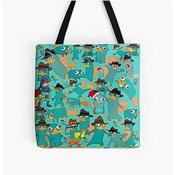 Perry the Platypus Phineas and Ferb Collage Pattern Design Aquamarine Background All Over Print Tote Bag