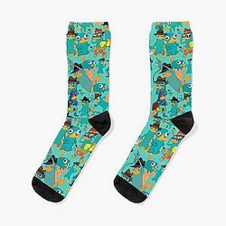 Perry the Platypus Phineas Ferb Collage Pattern Design Aquamarine Background Socks