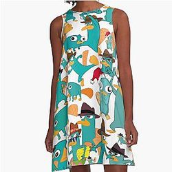 Perry the Platypus Phineas Ferb Collage Pattern Design White A-Line Dress