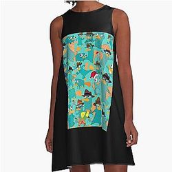 Perry the Platypus Phineas Ferb Collage Pattern Design - Aquamarine Background Graphic A-Line Dress