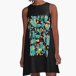 Perry the Platypus Phineas and Ferb Collage Pattern Design A-Line Dress