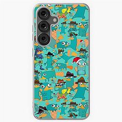 Perry the Platypus Phineas Fern Collage Pattern Design Aquamarine Background Samsung Galaxy Soft Case