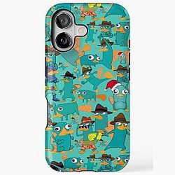 Perry the Platypus Phineas and Ferb Collage Pattern Design Aquamarine Background iPhone Tough Case