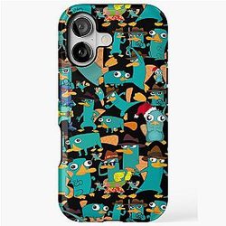 Perry the Platypus Phineas Ferb Collage Pattern Design Black Background iPhone Case