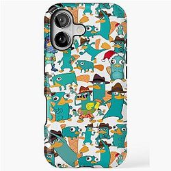 Perry the Platypus Phineas Ferb Collage Pattern Design White Background iPhone Tough Case