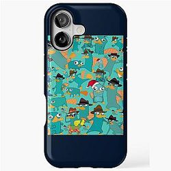 Perry the Platypus Phineas Ferb Collage Pattern Design on Aquamarine Background Graphic iPhone Tough Case