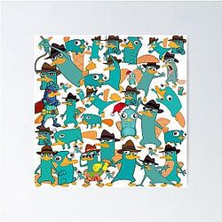 Perry the Platypus Phineas Ferb Collage Pattern Design White Background Poster
