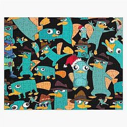 Perry the Platypus Phineas Ferb Collage Pattern Design Black Background Jigsaw Puzzle