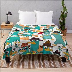 Perry the Platypus Phineas Ferb Collage Pattern Design White Background Throw Blanket