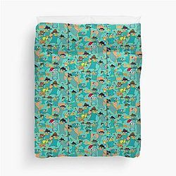 Perry the Platypus Phineas Ferb Collage Pattern Design Aquamarine Background Graphic Duvet Cover
