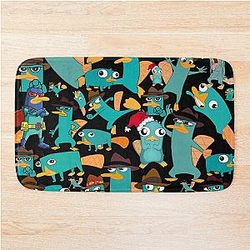 Perry the Platypus Phineas Ferb Collage Pattern Design - Black Background Bath Mat