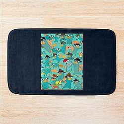 Phineas and Ferb Collage Pattern Design - Aquamarine Background Bath Mat