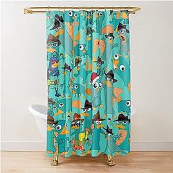 Perry the Platypus Phineas and Ferb Collage Pattern Design Aquamarine Background Shower Curtain