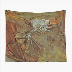 Bed and bedside tables ferociously attacking a cello by Salvador Dali tapestry