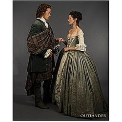 Caitriona Balfe 8 inch x 10 inch photograph now you see me outlander escape plan standing in grey dress with Sam Heughan in kilt known