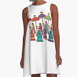 Gopika or Sevika, Lord's Servant Drawn in Indian Folk Art Form Kalamkari A Line Dress