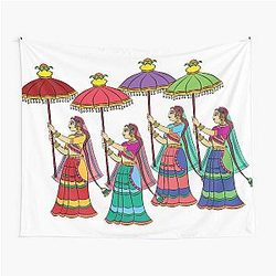 Gopika or Sevika, Lord's Servant, drawn in Indian Folk Art form Kalamkari Tapestry