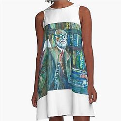 Sigmund Freud in his studio - watercolor portrait A line dress