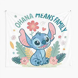 Cute Stitch Ohana Means Family Lilo Stitch Design with Hawaiian Flowers Tapestry