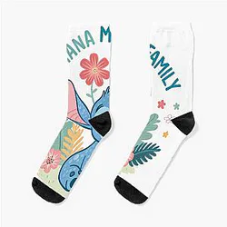 Cute Stitch Ohana Means Family Lilo Stitch Design with Hawaiian Flowers Socks