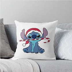 Stitch Inspired Christmas Art Cute Blue Alien with Candy Cane Holiday Design Throw Pillow