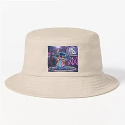 Stitch doing karaoke in a bucket hat
