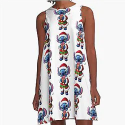 Kawaii Stitch Christmas Embroidery Art A-Line Dress