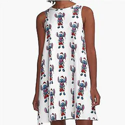 Kawaii Stitch character Christmas Embroidery Design A-Line Dress