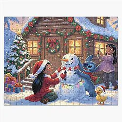 Stitch and his family decorate a snowman Jigsaw Puzzle