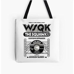 Stranger Things 5: Squawk the 94.5 Black and White All Over Print Tote Bag